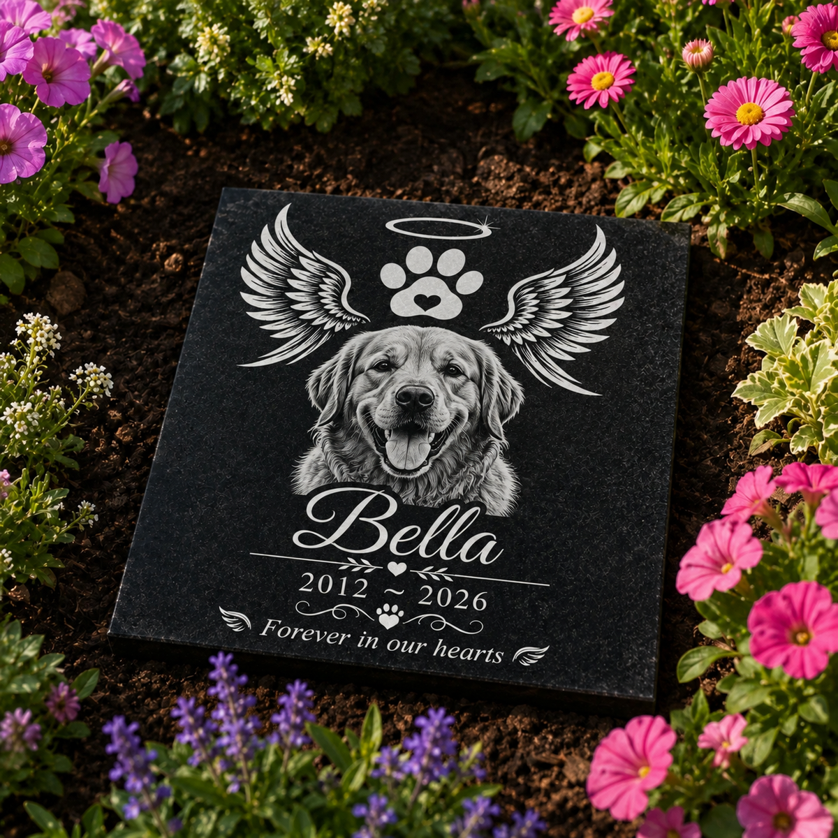 Personalised + Black Granite + Pet Memorial Stone + Custom Photo + Grave Marker + Dogs & Cats