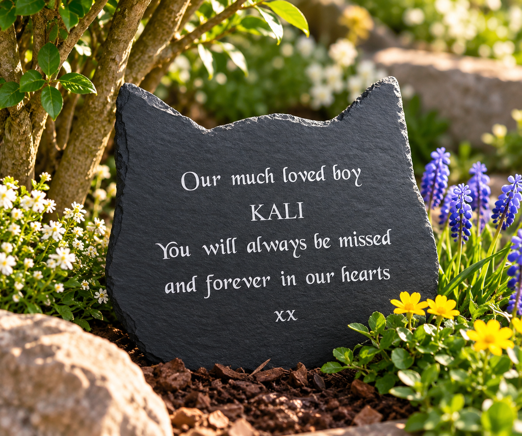 Personalised Engraved Cat Pet Memorial Plaque, Natural Slate Cat Head Grave Marker, Outdoor Garden Cat Headstone, Pet Loss Tribute Gift