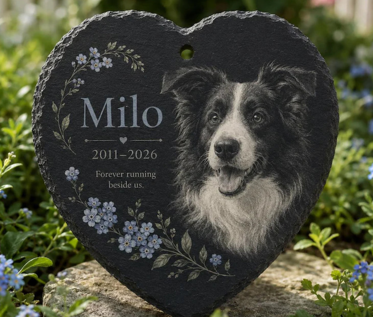 Personalised Pet Memorial Stone Slate Plaque Heart Shape Dog Cat Photo Grave Marker