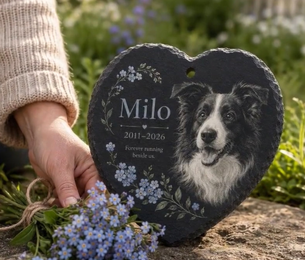 Personalised Pet Memorial Stone Slate Plaque Heart Shape Dog Cat Photo Grave Marker