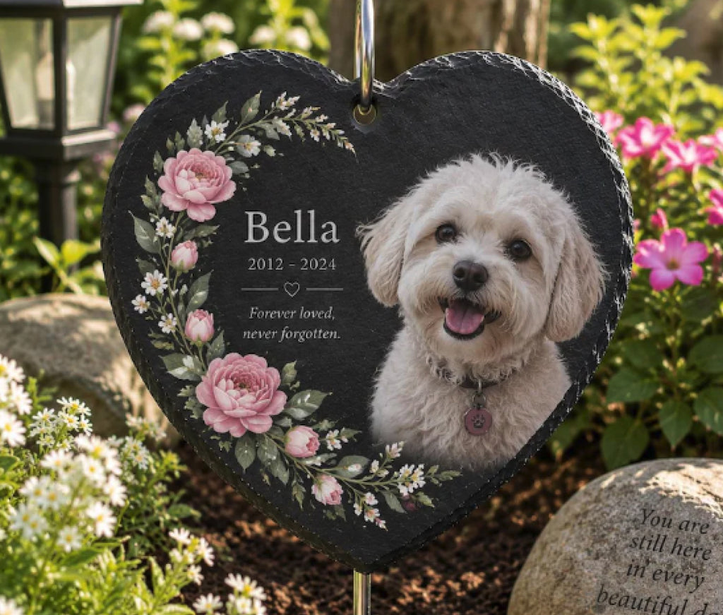 Personalised Pet Memorial Stone Slate Plaque Heart Shape Dog Cat Photo Grave Marker