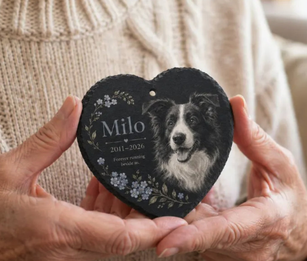 Personalised Pet Memorial Stone Slate Plaque Heart Shape Dog Cat Photo Grave Marker